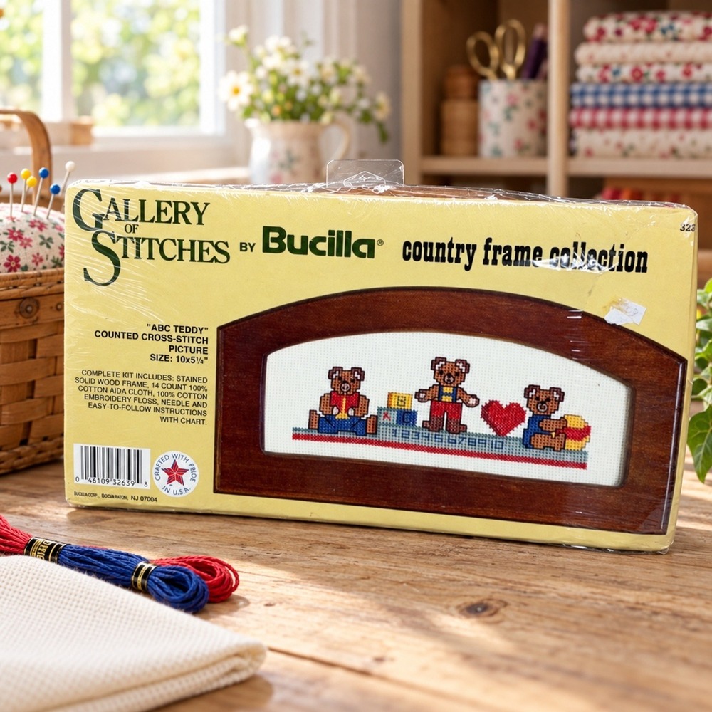 Vintage Bucilla ABC Teddy Counted Cross Stitch Kit Wood Frame New Sealed